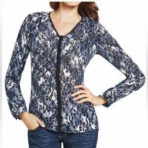 CAbi Blue Black White Leopard Print V-Neck Button Front Long Sleeve Blouse Small